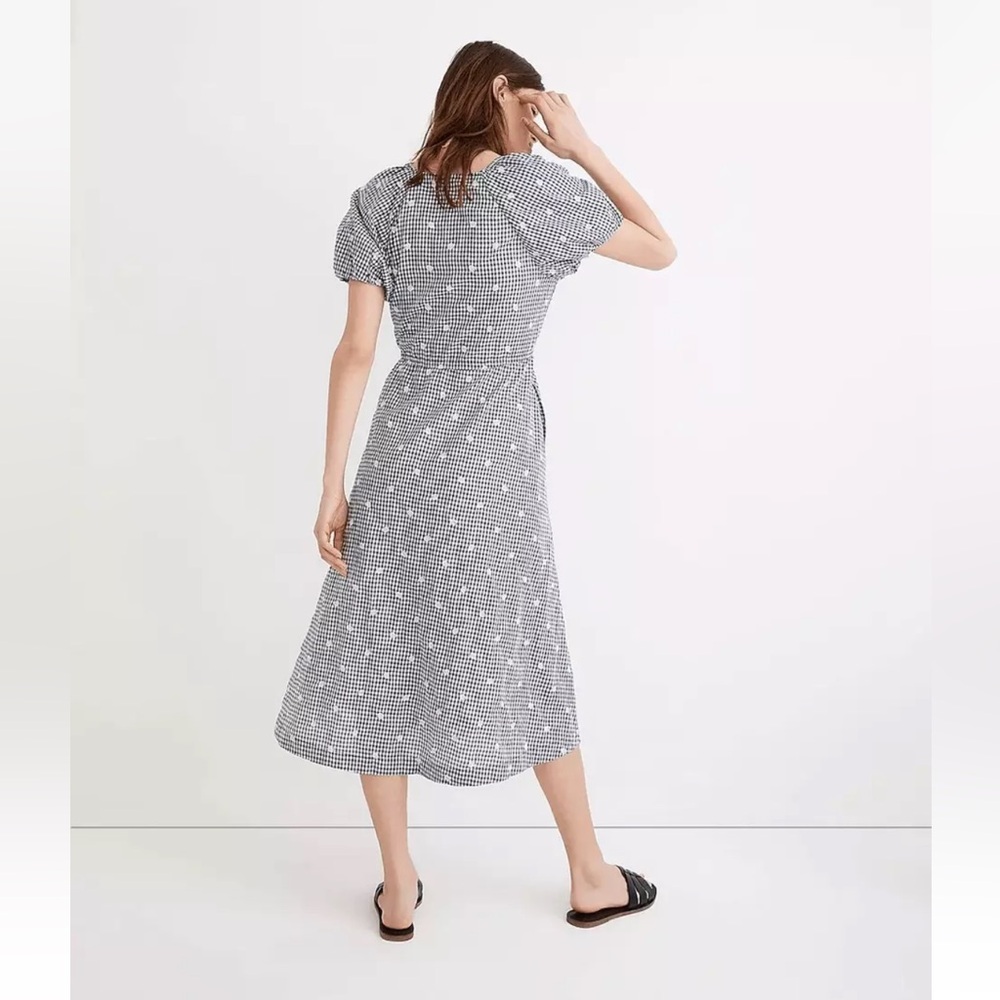 SOLD MADEWELL Embroidered Gingham Faux Wrap Tie Waist Midi Dress - Small - Picture 6 of 16